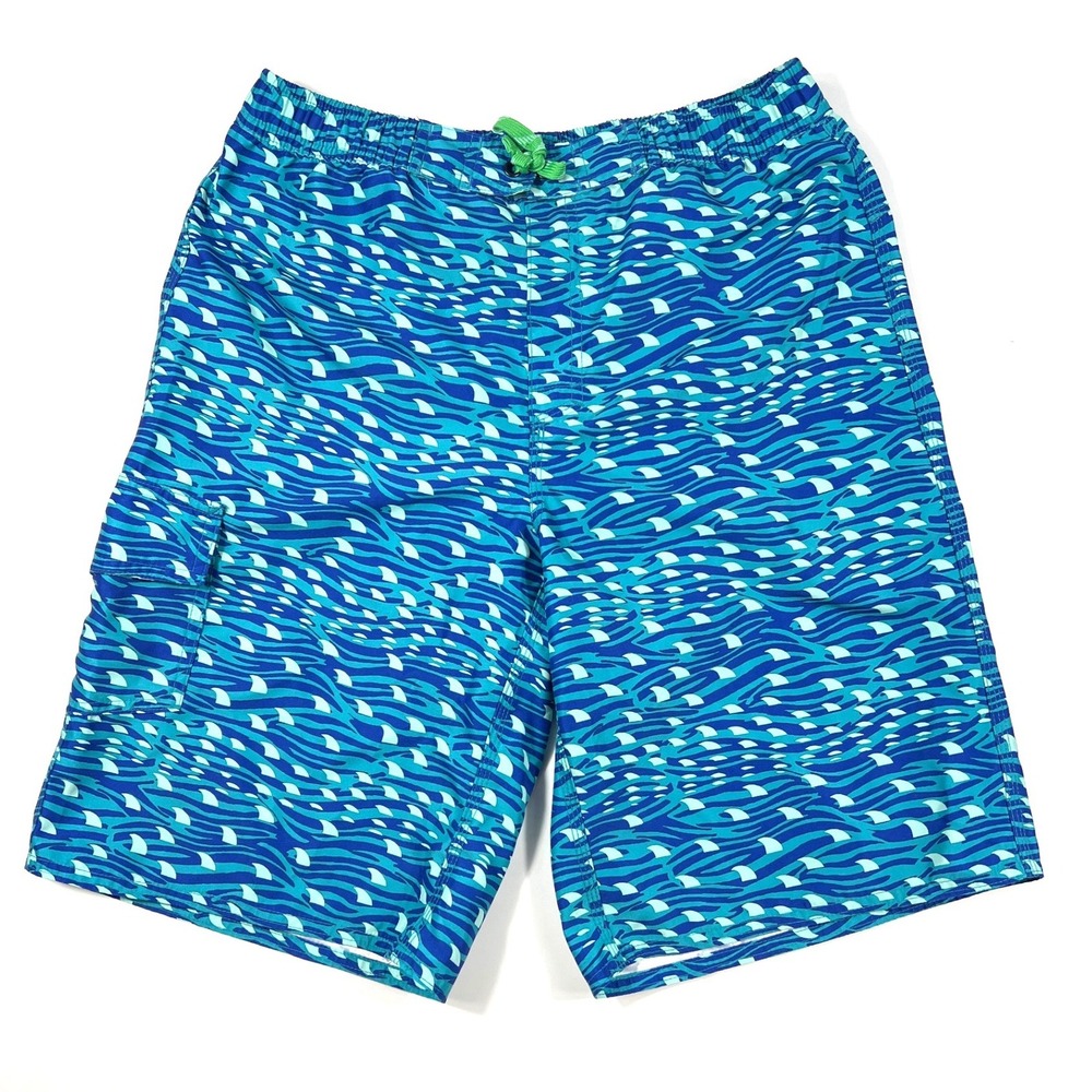 L.L. Bean Boys Blue Shark Fin Wave Swim Trunks Board Short 16 Summer‎ Beach EUC